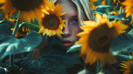 Woman hiding behind sunflowers. Invisible disabilities or hidden disabilities concept
