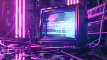 80s Retro wave style background displayed on vintage computer display Generative AI