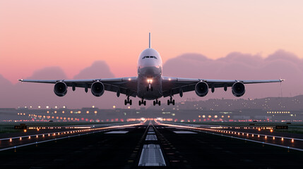 Front view of an airliner landing or taking off on an airport runway at dusk with the landing gear lowered and close to the runway