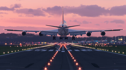Back view of an airliner landing or taking off on an airport runway at dusk with the landing gear lowered and close to the runway