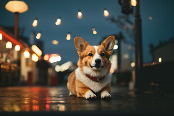 A Corgi dog is lying down on the ground with city lights shining in the background.