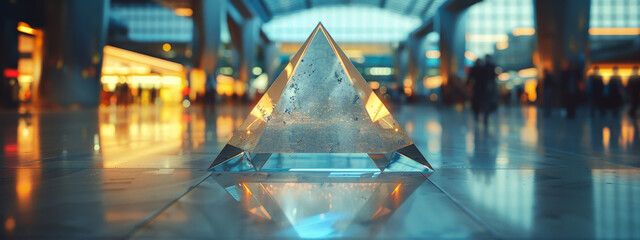A glass pyramid with a reflection of a blurred city lights in it on a reflective surface with a blurry background. - obrazy, fototapety, plakaty