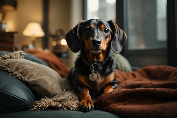 a dachshund dog is sitting on a couch with a brown blanket - obrazy, fototapety, plakaty