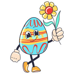 Cartoon happy Easter Groovy egg character with flower Holiday personage isolated on white background - 758839565