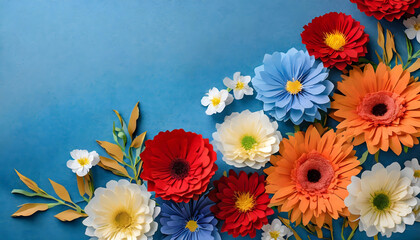 Red, orange, blue, white flowers background, empty space for text, blue background; beautiful botanical wallpaper