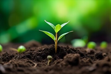Green seedling growing in soil on nature background, new life concept Generative AI