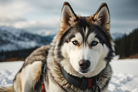 A Siberian Husky's Portrait with Piercing Blue Eyes and Playful Tongue, Set Against a snow Background -generative ai image