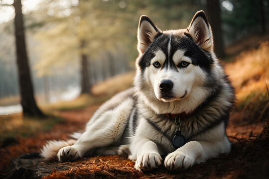 A Siberian Husky's Portrait with Piercing Blue Eyes and Playful Tongue, Set Against a natural Background -generative ai image