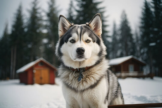 A Siberian Husky's Portrait with Piercing Blue Eyes and Playful Tongue, Set Against a snow Background- generative ai image