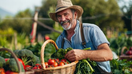 A man proudly holds a basket teeming with an assortment of vibrant, freshly picked vegetables - Powered by Adobe