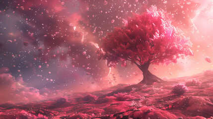 Fantasy landscape with tree in the snow. 3D illustration.
