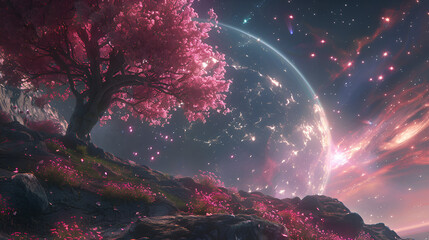 Fantasy landscape with a tree and a planet. 3D rendering 