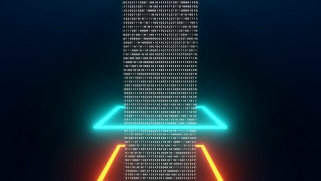 Binary Code running on a pillar. Blue and orange rings moving up and down on the column. Abstract futuristic big data concept. Bit, bytes, digital bitcoin, crypto mining, computer network.
