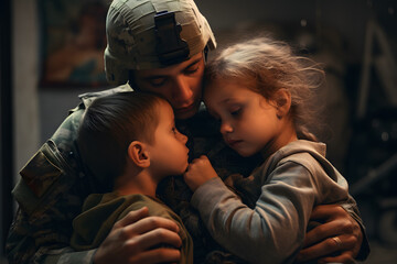 Father military soldier in army uniform hugging children son daughters. - obrazy, fototapety, plakaty
