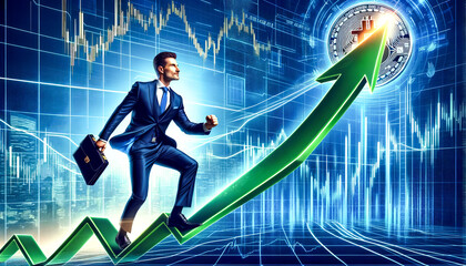 businessman run on green arrow rise up with Bitcoin symbol. cryptocurrency concept