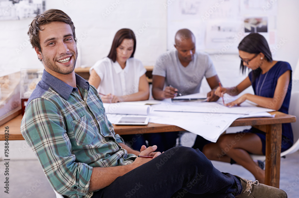 Poster happy man, creative and portrait with team for meeting, planning or architectural design at office. 