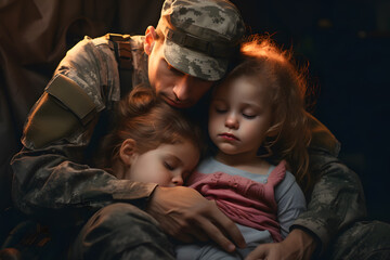 Father military soldier in army uniform hugging children son daughters.