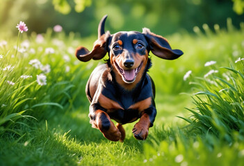 A dog daschund with a happy face runs through the colorful lush spring green grass