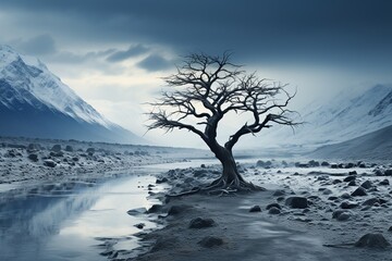 Solemn Tree in a Snowy Mountainous River Landscape. 