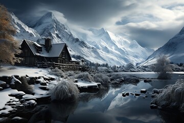 Winter Cabin by Reflective River in Snowy Mountains. 