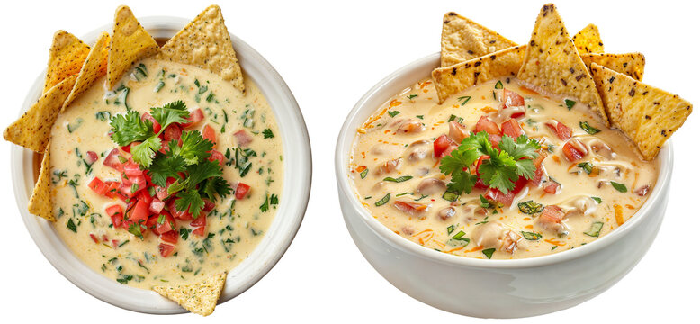 bowl with queso dip with melted cheese, diced tomatoes, green chilies, and spices, served warm with tortilla chips, isolated on a transparent background