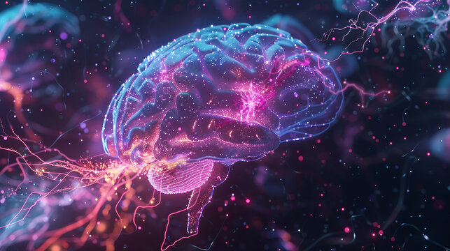 Human brain with glowing neurons and electrical strands. 3d illustration