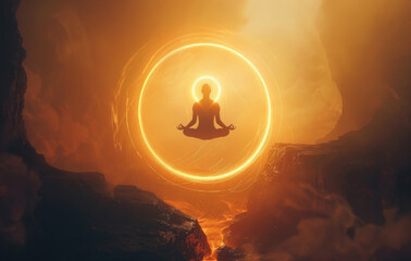 A person meditating with their aura glowing around them, surrounded by energy rings and an inner light emanating from the center of his body, representing spiritual awakening - obrazy, fototapety, plakaty