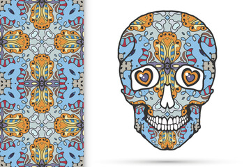 Day of The Dead colorful Sugar Skull with doodle ornament and decorative seamless floral geometric pattern. Hand drawn art background, tattoo, Halloween party card design, textile or paper print