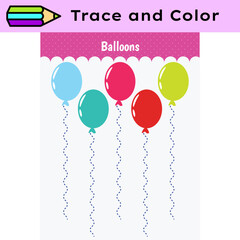 Pen tracing lines activity worksheet for children. Pencil control for kids practicing motoric skills. Balloons educational printable worksheet. Vector illustration. - 758840544