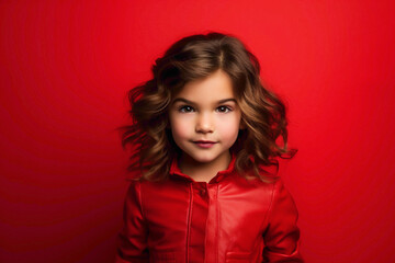 The most beautiful female kid, looking cute and confident, standing against a bold and vibrant red...