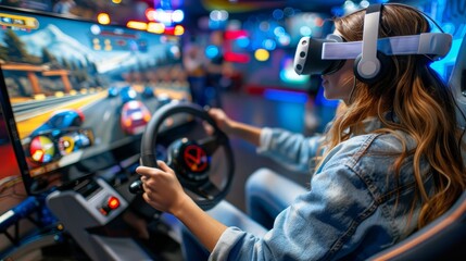 Vr driving school exam  woman controls car in simulator with steering wheel in class - obrazy, fototapety, plakaty