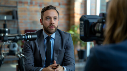 Professional man gives interview, focused and articulate on camera.
