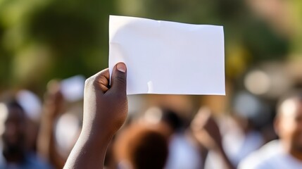 Protesters marching in street with white banner mockup and copy space for messages