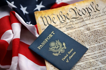 Preamble to the Constitution of the United States with passport and American Flag. Old yellow paper...