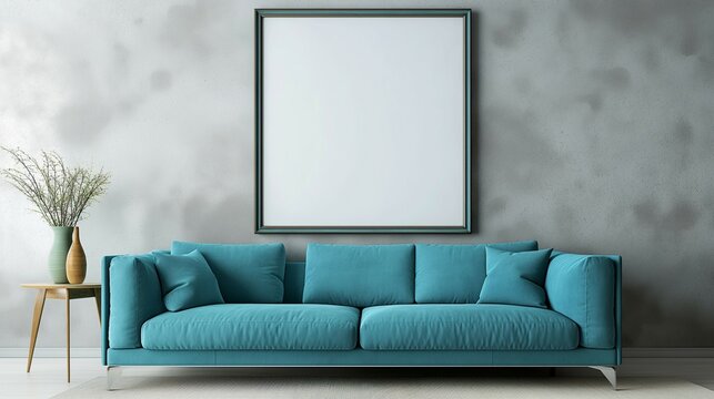 Photo frame neck up design. Modern apartment. Blue green sofa and living room home interior