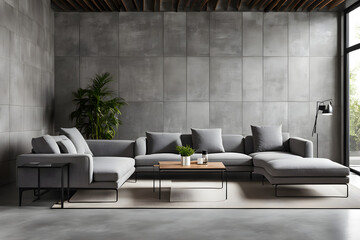 Chic Loft Home Interior: Contemporary Living Room with Grey Sofa & Concrete Wall