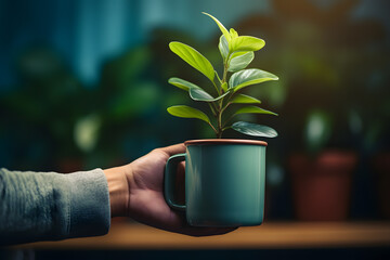 Man holds in his hand a decorative houseplant with green leaves in a mug.