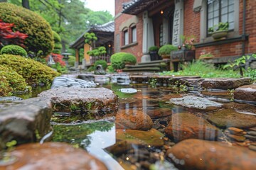 Fototapeta na wymiar Rain-soaked stepping stones in a serene garden leading to a traditional house.