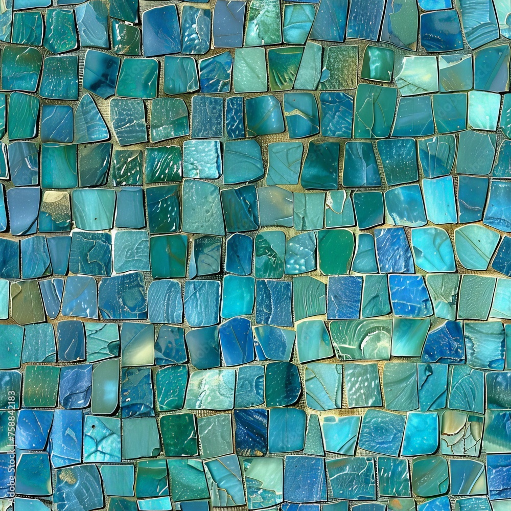 Poster a stunning close up of a vibrant and intricate mosaic tile wall, showcasing the detailed patterns an