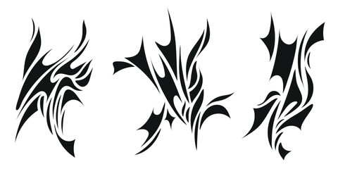 Vector set of y2k style neo tribal tattoos set, silhouettes, grunge metal illustrations. Metal, rock, punk aesthetic. - obrazy, fototapety, plakaty