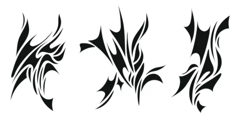 Fotobehang Grunge vlinders Vector set of y2k style neo tribal tattoos set, silhouettes, grunge metal illustrations. Metal, rock, punk aesthetic.