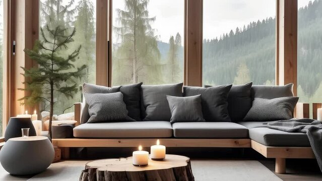 3D rendering. Sofa with gray cushions and tree stump coffee table with candles in the window with forest view. Scandinavian home interior design modern living room in chalet.