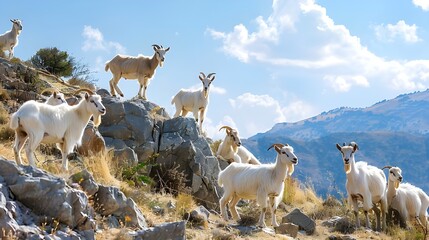 herd, five, goats, stands, rocky, cliff, animals, nature, wilderness, landscape, outdoors, mammal, wildlife, scenery, mountain, rural, agriculture, domestic, livestock, grazing, hillside, environment,