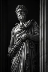 Mysterious ancient greek, roman male stoic statue, sculpture in dramatic lighting, shadows highlighting the impressive muscular build and classical beauty. 