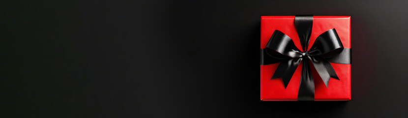 Black Friday concept. Banner with gift box wrapped in red paper and tied with black bow on black background, top view.