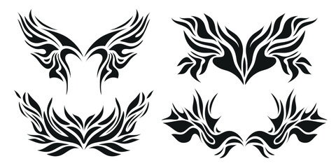 Vector set of y2k style neo tribal tattoos set, wings, fire flame silhouettes, grunge metal illustrations, butterflies. - obrazy, fototapety, plakaty