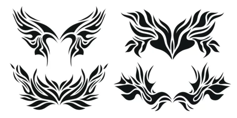 Foto op Plexiglas Grunge vlinders Vector set of y2k style neo tribal tattoos set, wings, fire flame silhouettes, grunge metal illustrations, butterflies.