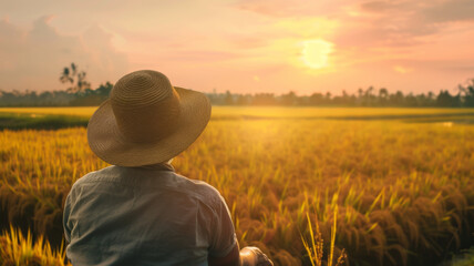 A contemplative figure gazes at a golden field, bathed in the warm light of dusk.