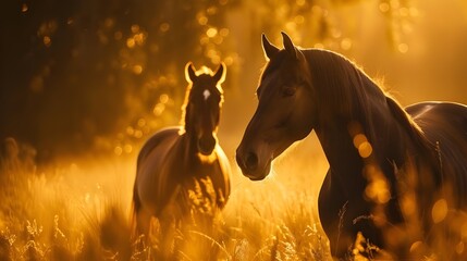 Obraz na płótnie Canvas Majestic Equine Artistry: Three Galloping Horses Amid Golden Wheat Field