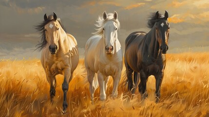 Majestic Equine Artistry: Three Galloping Horses Amid Golden Wheat Field